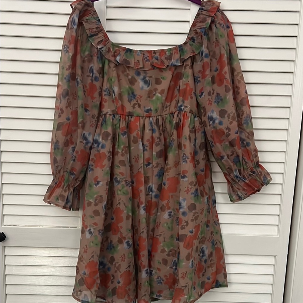 Floral Dress with Ruffle Neckline